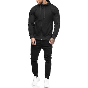 High Quality Men's Gym Wear Zip Up Plain Hoodie With Zipper Pocket On Right Sleeve & Joggers Pant Tracksuit Set - Product Image 2