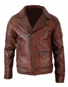 Mens Biker Jacket Zipper Motorbike Distressed Cowhide Fashion Collar Biker Leather Jacket Brown