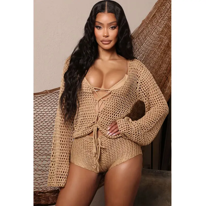 Summer Beach Hollow Out Casual Sexy Crochet 2 Pieces Set Cover Up Dress Swim Bathing Suit Beach Wear