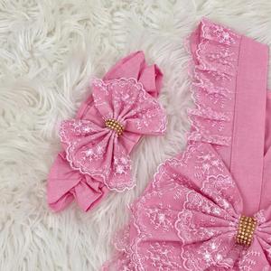 Verano bebé niñas 100% algodón tejido sin mangas mameluco Rosa encaje sueño venta al por mayor personalizado bebé pelo banda - Product Image 4