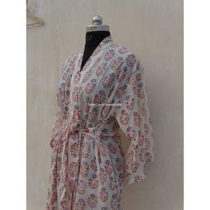 Blanc indien femmes Floral main bloc imprimé Hippie Style bohème Maxi robe Kimono grande taille en gros vêtements de nuit été longue - Product Image 3