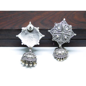 latest floral designer handmade silver look alike hoop stud jhumka earings for women and girls - Product Image 3