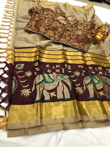 Beautiful Yellow Green <b>Satin</b> Silk Printed Indian Cotton Saree Zardosi Work Long Weaving Pallu Contrast <b>Blouse</b> Pakistani Style - Product Image 6