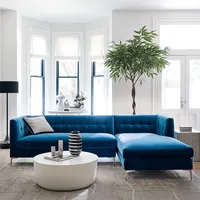 Modern Classic Contemporary Blue Velvet Fabric Corner Tufted Sectional Chesterfield Living Room Sofa