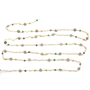 สร้อยประคำหินหลายชนิด หยกเขียว เพอริดอท มุก ลาบราโดไรต์ ขนาด 3-5 มม. รูปทรงรอนเดลล์ หุ้มทองเหลือง 18K ชุบทอง พร้อมสายทองหุ้มลวด - Product Image 2