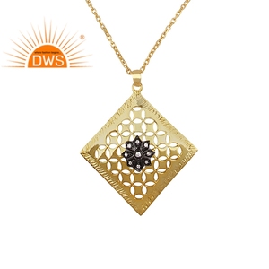 <b>White</b> Zircon Gemstone Necklace Jewelry Supplier Gold & Black Plated 925 Silver <b>Square</b> Shape Pendant And Chain Jewelry - Product Image 1