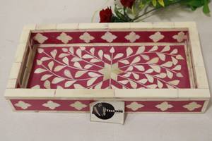 Plateau de service rectangulaire en incrustation d'os de haute qualité avec conception de feuille de résine rose pour la maison, l'hôtel ou le restaurant - Product Image 5