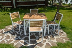 Outdoor Teak Garden <b>Chair</b> Set <b>White</b> Frame Contemporary Design Durable Aluminum Tapered Legs Laser Printed - Product Image 1