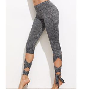 Shemax <b>Cropped</b> Tie <b>Leggings</b> in Grey Marled Knitted Fabric Breathable Mid Waist Design - Product Image 5