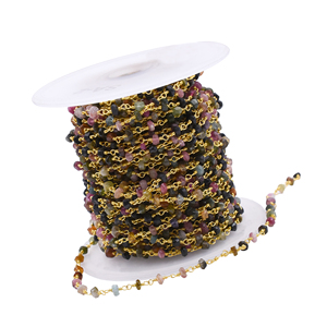 Cadena de Rosario de Turmalina Multicolor Facetada en Forma de Rondelle, 3mm, Latón, Chapado en Oro de 18K, Envuelta en Alambre, Vendida por Metro para Joyería - Product Image 5
