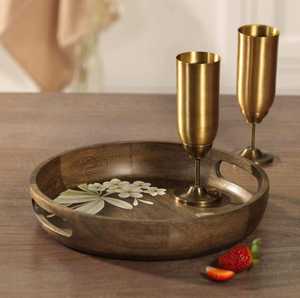 <b>Grey</b> Round Serving Tray with Metal Gold Handles – Decorative Ottoman & <b>Coffee</b> <b>Table</b> Tray. - Product Image 2