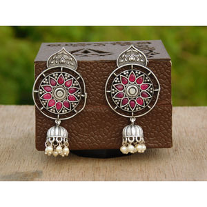 Designer artificial stone handmade brass silver look alike hoop stud jhumka earings for women and girls - Product Image 3