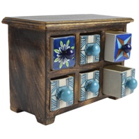 Étagère en bois colorée avec 6 tiroirs en céramique, boîte à épices d'apothicaire, boîte à épices en bois de manguier coloré, coffre en céramique, boîte de rangement pour bijoux