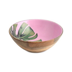 Bol à salade de fruits imprimé en émail Design de feuille Bol en bois moderne de service arrondi décoratif en bois le plus vendu - Product Image 1
