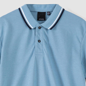 Polo de algodón de manga corta azul claro para hombre, con cuello a rayas en contraste, informal, de punto, clásico, elegante, suave, para verano - Product Image 6
