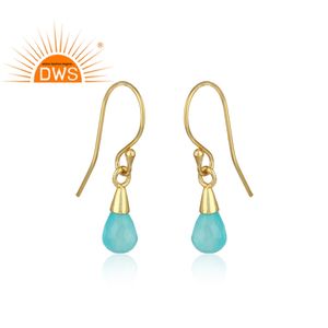 Boucles d'oreilles pendantes tendance en argent sterling plaqué or jaune avec pierre précieuse en calcédoine aqua pour mariage, fête et cadeau - Product Image 2
