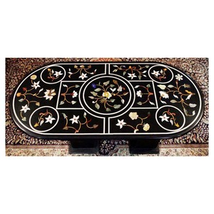 Inlay <b>Work</b> Black Marble Oval Shape <b>Table</b> Top With Base - Product Image 1