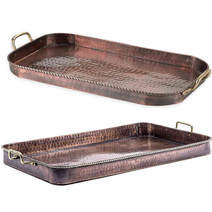 International Oblong Antique Copper Metal <b>Serving</b> <b>Tray</b> <b>With</b> Brass <b>Handles</b> - Product Image 1