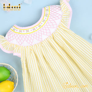 Vestido Smocked personalizable para niños estampado rayas amarillas hecho a mano 3D otoño 100% algodón ecológico BB1665 OEM ODM - Product Image 2