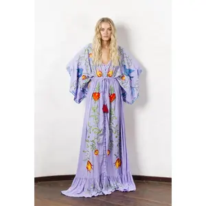 Pretty Lavender Color Women's Buttoned Up Hand Embroidery Maxi Dress Hot Drawstring Elastic Waist Flare Sleeve Long Maxi Kaftan