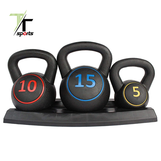 TTSPORTS High Quality 5lb+10lb+15lb+Tray Adjustable Commercial Use Fitness Kettlebell Set with Rack and Stand Plastic Cement