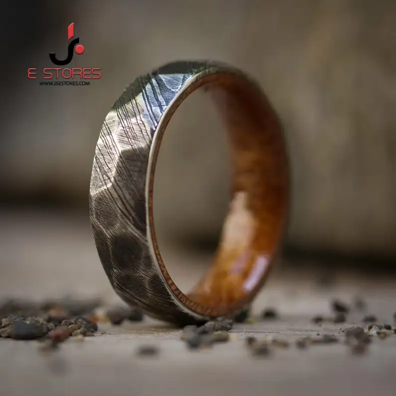 Нож из дамасской стали кольцо деревянный Внутренний ручной работы для мужчин Обручальное Кольцо Кованые кольцо