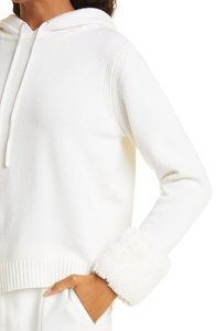 Sweat-shirt d'hiver pour femme, blanc, en tricot, avec poignets en fausse fourrure, coupe classique, couleur unie, anti-boulochage, manches longues, écologique - Product Image 3