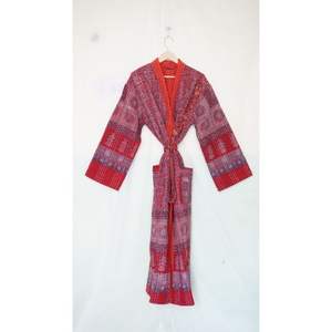 Chaqueta Kantha acolchada XL hecha a mano para mujer, abrigo largo de invierno de algodón con borde libre, Kimono, rompevientos para casa con cinturón de corbata para - Product Image 4