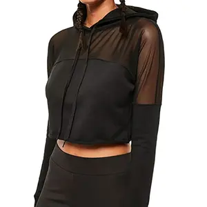 high quality New desgin ladies sports gym hoodie Wholesale Custom cropped fitness women hoodies with black net