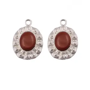 Natural sun stone gemstone components earring handmade oval shape silver plated women earring connector jewelry finding supplier