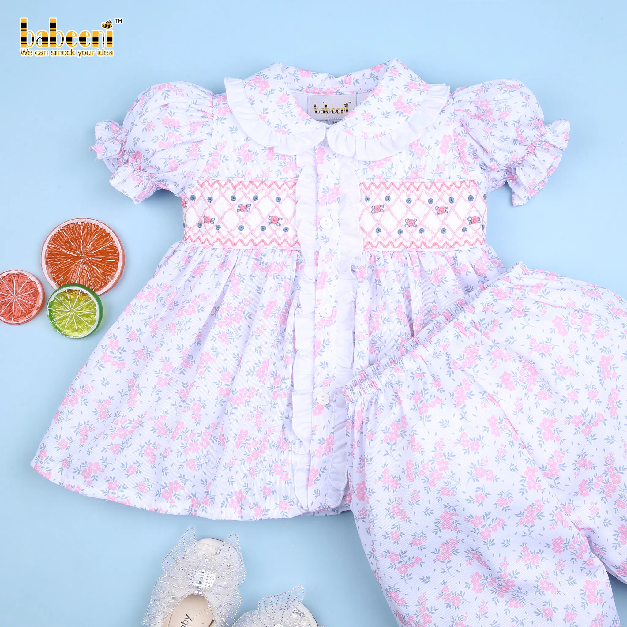 Pigiama a mano floreale ragazza pigiama OEM ODM abbigliamento per bambina abbigliamento per bambini all'ingrosso smocked-BB2499