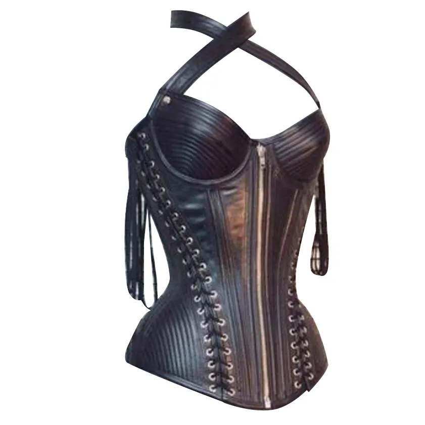 Over Bust Leather Steel Boned Gothic Corset Supplier Gothic And steampunk Heavy Duty Fetish Black Leather Corset Supplier
