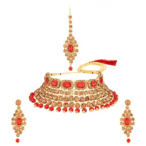 Indian Jewelry Kundan Crystal Choker Necklace Earrings Maang Tikka Head Chain Bollywood Wedding Bridal Set