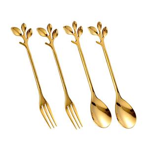 Cuillère et fourchette à dessert en laiton avec tige polie en or et poignée d'extrémité de feuilles Ensemble de service de dessus de table Ensemble élégant de cuillère et fourchette - Product Image 6