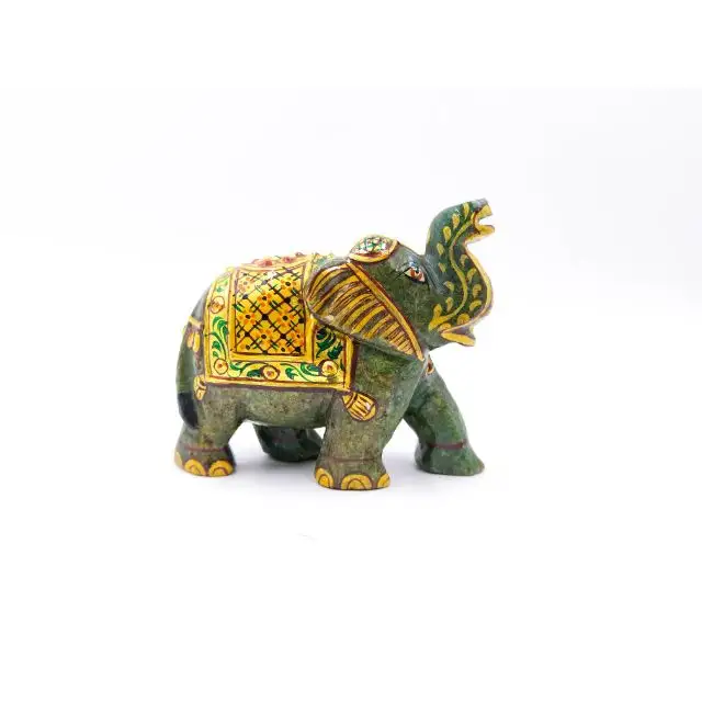 Estatua de elefante de granito verde natural para exteriores, pintura de Aventurina verde, elefante con piedra de carvings de animales de oro de 24k