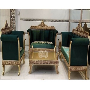Juego de sofás de acabado dorado antiguo para el hogar, conjunto de sofás de madera de teca dorada tallada a mano, muebles de sala de estar con acabado dorado tallado pesado - Product Image 1
