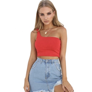 Camiseta sin mangas Sexy para mujer, ropa informal acanalada con hombro lateral, Tops cortos con logotipo personalizado para mujer, venta al por mayor - Product Image 3