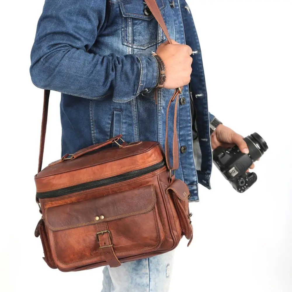 Handgemaakte Lederen Cameratas Dslr Slr Crossbody Schoudertas Met Ritssluiting Voor Heren Dames