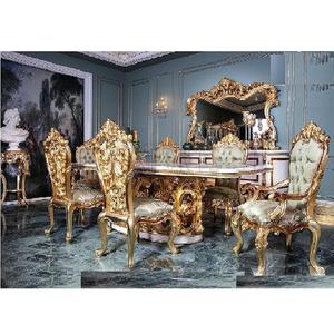 Ensemble de table à manger en teck moderne luxueux sculpté à la main européen avec 6 chaises - Product Image 1