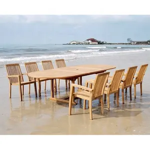 Conjunto de mobiliário de jardim pátio ao ar livre, mesa de jantar e cadeira, mesa oval de extensão 180-240x100x75 cm e 6 cadeiras de empilhamento