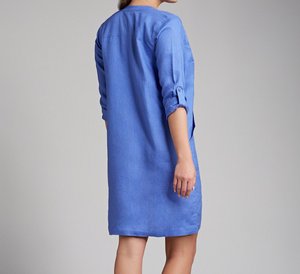 Robe chemise en lin bleu pour femme, col en V, manches trois quarts, longueur midi, coupe ample, formelle, unie, été, avec poches, doublure en coton - Product Image 3