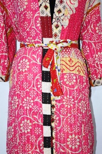 Hot Selling Floral Printed Design Knee Length and Long Sleeves <b>Kimono</b> Robe Quilted Kantha <b>Jacket</b> in Beautiful Pink Color - Product Image 3