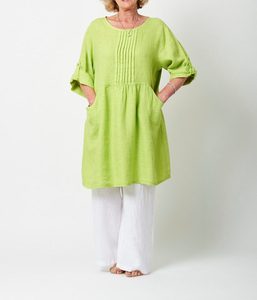 Robe tunique en lin vert lime, col rond, manches trois quarts, coupe ample, longueur midi, avec poches, tenue décontractée d'été - Product Image 2