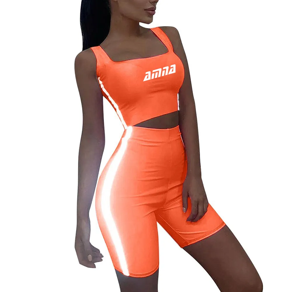 Hot Selling 2 piece Lightning Bolt Set (Hot Orange) Ladies Tracksuit high waist reflective stitching