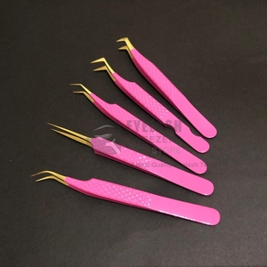 Pince à épiler d'extension de cils personnalisée rose vif et or acier inoxydable japonais volume de poignée de diamant solide et durable pointu - Product Image 6