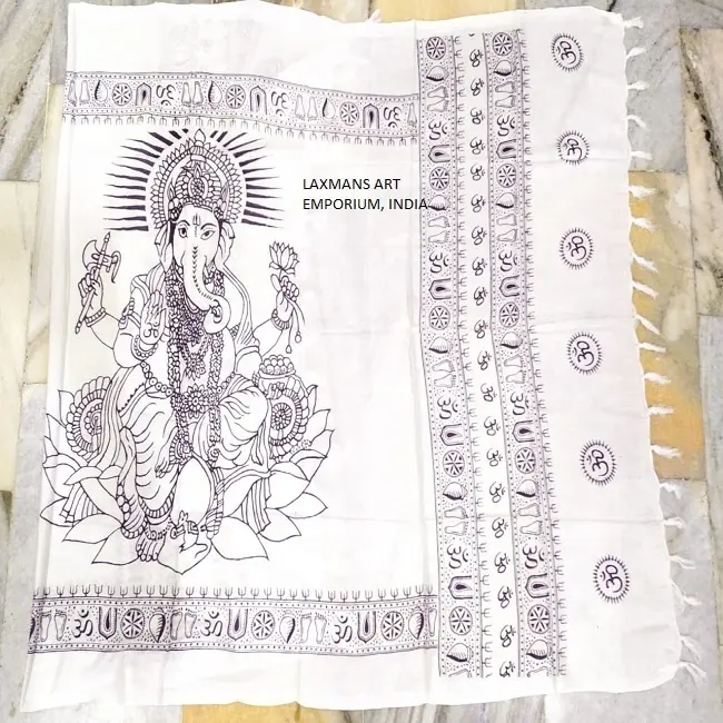 Vente en gros de paréo/sarongs couleur blanche imprimés Ganesha dieux hindous en viscose mode plage d'été Inde