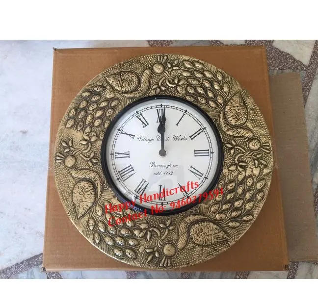 Vintage อินเดียรอบมือไม้แกะสลักนกยูง,นาฬิกา