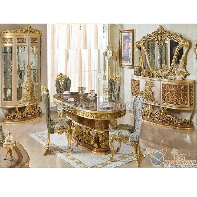 Solid Wooden 4 Seater Dining Room Furniture Golden Carved Dining Room Furniture For Home Floral Carving Luxurious Dining Table
