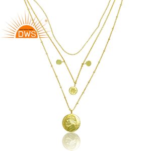 Ensemble de bijoux en laiton plaqué or pour femme, collier avec pendentif à Triple chaîne, fait à la main, 17 km - Product Image 3