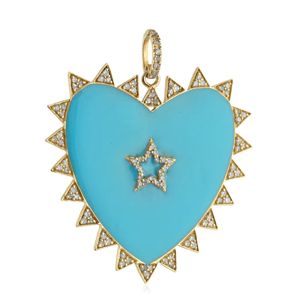 Pave Diamond Star Yellow Vermeil 925 Silver Designer Heart Shaped Pendant Turquoise Enamel Pendant Jewelry Wholesale